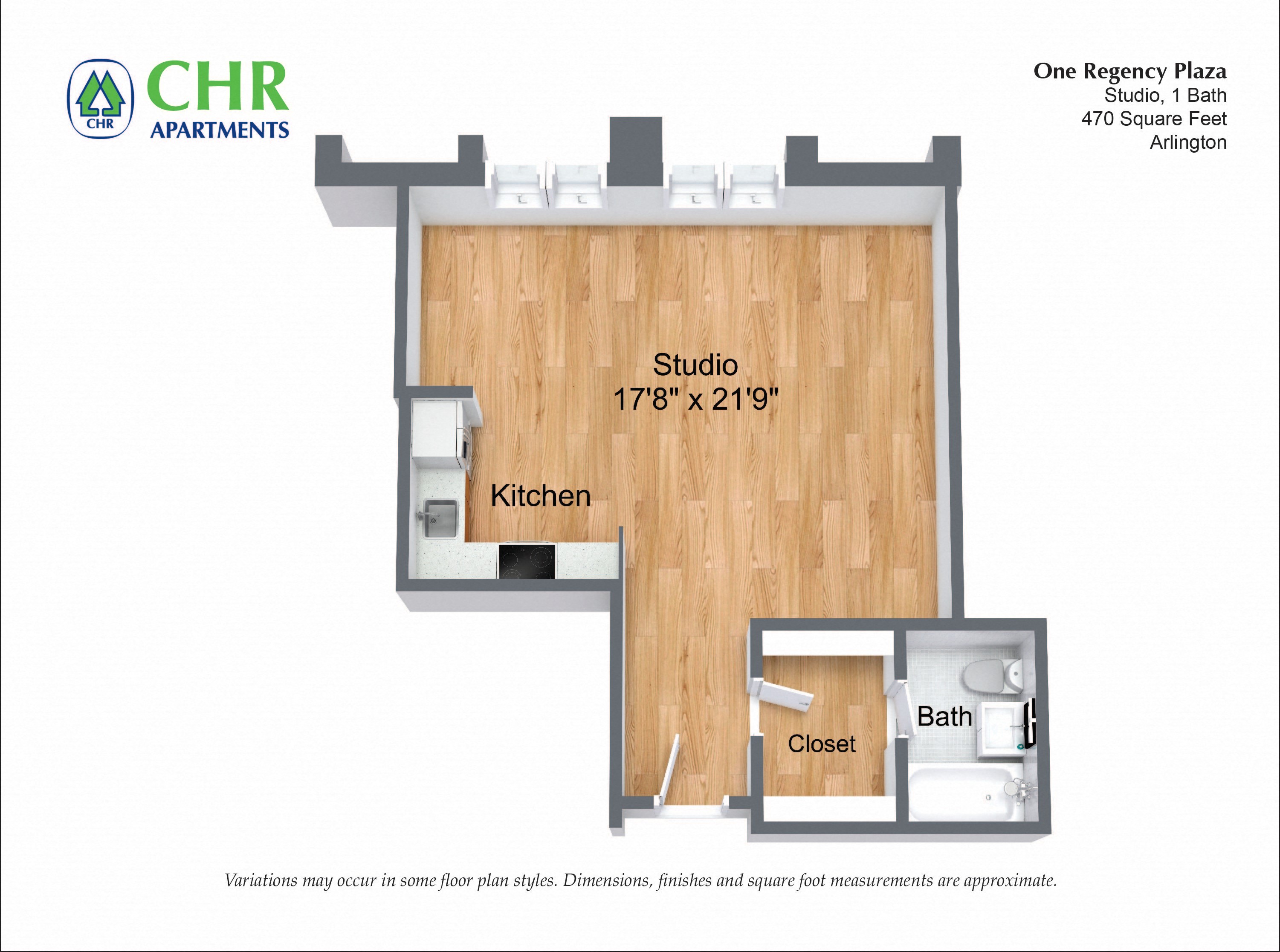 Floor plan for studio, 1 bath, 490 sqft